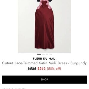 Fleur du Mal Deep Red Satin Midi Dress with Pink Lace